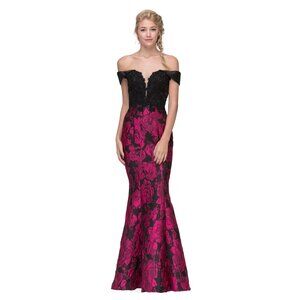 Fuchsia and Black Off Shoulder Formal Gown